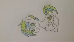 Size: 3920x2204 | Tagged: artist needed, safe, derpibooru import, oc, oc:sketch heart, unofficial characters only, pony, unicorn, blue mane, green mane, male, sideways image, solo, stallion, traditional art, white coat
