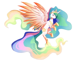 Size: 3000x2500 | Tagged: safe, artist:tsuukiusa, derpibooru import, princess celestia, pony, female, flying, mare, rainbow power, rainbow power-ified, simple background, solo, transparent background