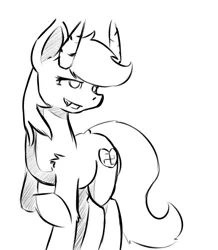 Size: 768x882 | Tagged: safe, artist:elijah, artist:fuzzpower, deleted from derpibooru, derpibooru import, oc, oc:aryanne, unofficial characters only, demon, earth pony, pony, succubus, black and white, chest fluff, female, grayscale, heart, hoof in air, horns, monochrome, nazi, sharp teeth, sketch, smiling, solo, swastika