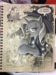 Size: 768x1024 | Tagged: safe, artist:andypriceart, derpibooru import, trixie, twilight sparkle, twilight sparkle (alicorn), alicorn, pony, vulture, cauldron, epitaph, gravestone, looking at you, traditional art, witch, x eyes