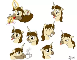 Size: 7318x5676 | Tagged: safe, artist:arrjaysketch, derpibooru import, oc, oc:graphite doodles, unofficial characters only, pony, unicorn, absurd resolution, coffee, disgusted, drawing, expressions, magic, male, mug, pencil, pouting, smiling, stallion, telekinesis, tired, tongue out