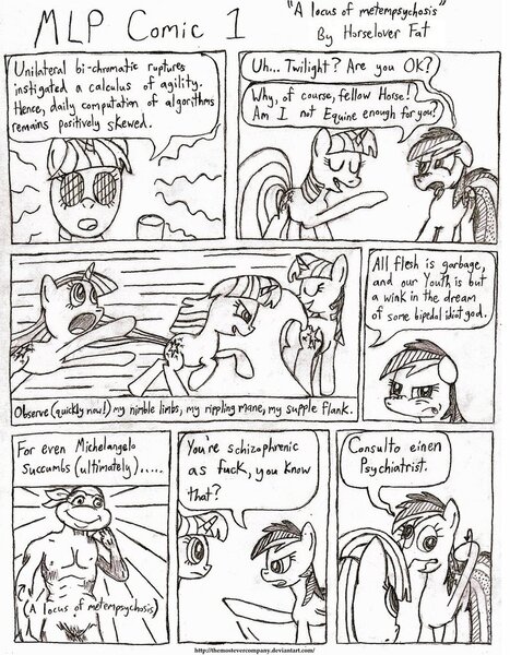 Size: 788x1013 | Tagged: artist:horselover fat, black and white, comic, comic:mlp comic, david, derpibooru import, grayscale, michelangelo, monochrome, rainbow dash, safe, schizophrenia, twilight sparkle