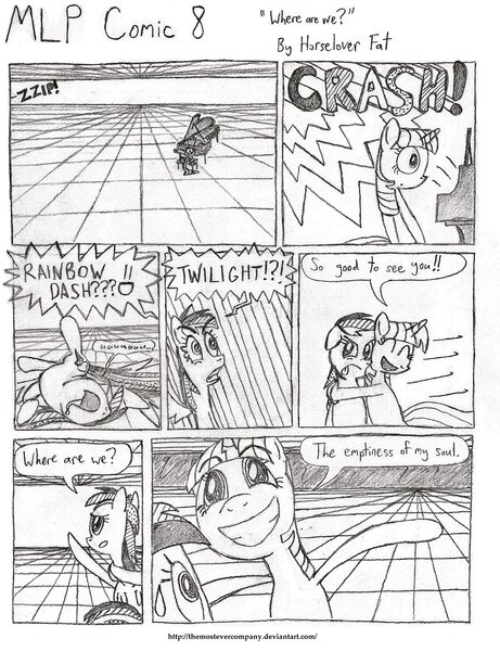 Size: 1024x1333 | Tagged: artist:horselover fat, black and white, comic, comic:mlp comic, derpibooru import, emptiness, grayscale, hug, monochrome, nihilism, piano, rainbow crash, rainbow dash, safe, schizophrenia, smiling, soul, sweat, traditional art, twilight sparkle