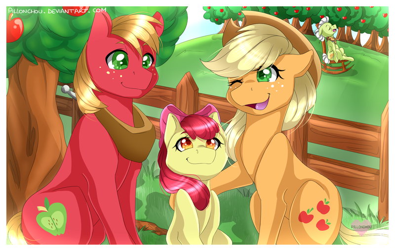 Size: 1550x989 | Tagged: safe, artist:pillonchou, derpibooru import, apple bloom, applejack, big macintosh, granny smith, earth pony, pony, cowboy hat, freckles, hat, male, open mouth, orchard, rocking chair, stallion, stetson, sweet apple acres, wink