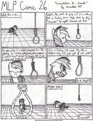 Size: 1024x1333 | Tagged: semi-grimdark, artist:horselover fat, derpibooru import, rainbow dash, pegasus, pony, comic:mlp comic, black and white, comic, depression, grayscale, implied hanging, implied suicide, monochrome, noose, rope, wide eyes