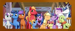 Size: 1024x431 | Tagged: safe, artist:lpslover482, derpibooru import, apple bloom, applejack, big macintosh, granny smith, night light, princess cadance, princess flurry heart, shining armor, twilight sparkle, twilight sparkle (alicorn), twilight velvet, oc, oc:apple star, oc:dawn glimmer, oc:magic apple, oc:magic spark, alicorn, pony, female, kissing, lesbian, magical lesbian spawn, male, nuzzling, offspring, parent:applejack, parent:twilight sparkle, parents:twijack, shiningcadance, shipping, straight, twijack