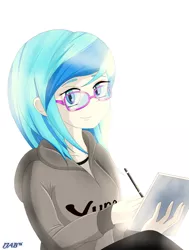 Size: 2500x3300 | Tagged: safe, artist:jabbie64, derpibooru import, oc, oc:amazingpuffhair, unofficial characters only, human, equestria girls, bright, clothes, cute, drawing, female, freckles, glasses, hoodie, pen, solo, sweater