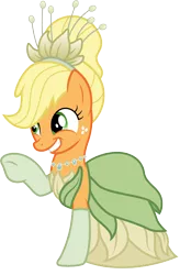 Size: 1736x2640 | Tagged: safe, artist:cloudyglow, derpibooru import, applejack, earth pony, pony, clothes, clothes swap, cosplay, costume, disney, disney princess, female, freckles, mare, princess tiana, raised hoof, simple background, solo, the princess and the frog, transparent background, vector