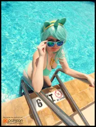 Size: 1505x2000 | Tagged: artist:krazykari, bikini, clothes, cosplay, costume, derpibooru import, human, irl, irl human, looking at you, lyra heartstrings, photo, safe, solo, sunglasses, swimming pool, swimsuit