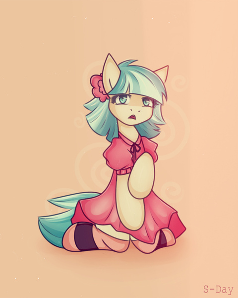 Size: 646x807 | Tagged: artist:s-day, clothes, coco pommel, derpibooru import, dress, kneeling, safe, socks, solo