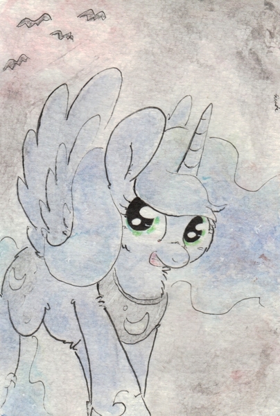 Size: 688x1021 | Tagged: artist:slightlyshade, bat, derpibooru import, princess luna, safe, solo, traditional art