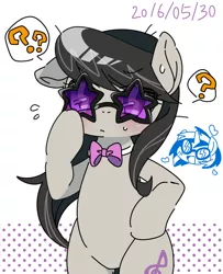 Size: 1024x1262 | Tagged: safe, artist:katuhira_rinmi, derpibooru import, octavia melody, vinyl scratch, pony, bipedal, blush sticker, blushing, female, heart, lesbian, question mark, scratchtavia, shipping, sunglasses, sweat, sweatdrop