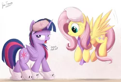 Size: 2220x1500 | Tagged: safe, artist:bugplayer, derpibooru import, fluttershy, twilight sparkle, twilight sparkle (alicorn), alicorn, pegasus, pony, blanket, bunny slippers, clothes, cute, dialogue, duo, duo female, female, floating, mare, open mouth, pillow, scarf, shyabetes, signature, sleep mask, slippers, twiabetes