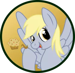 Size: 904x884 | Tagged: safe, artist:koonzypony, derpibooru import, derpy hooves, pegasus, pony, button, female, food, mare, muffin, pin, solo