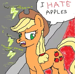 Size: 655x646 | Tagged: 1000 hours in ms paint, absolutely disgusting, applejack, artist:charlemage, artist:jimmyjamno1, captain america, captain hydra, derpibooru import, dishonorapple, dramatic, hail hydra, heresy, lightning, marvel, meme, ms paint, out of character, parody, safe, speech bubble, spoilers for another series