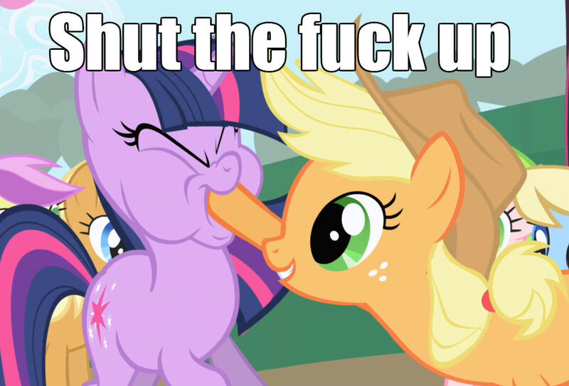 Size: 1051x713 | Tagged: abuse, applejack, caption, cropped, derpibooru import, edit, edited screencap, friendship is magic, hoof in mouth, hoofjack, hooves, image macro, out of context, picture for breezies, punch, safe, screencap, shut the fuck up, shut up, stfu, swearing, text, twilight sparkle, twilybuse, vulgar