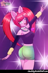 Size: 528x800 | Tagged: anime face, anthro, arm warmers, artist:clouddg, ass, breasts, busty pacific glow, cleavage, clothes, derpibooru import, ear fluff, female, looking at you, midriff, open mouth, pacific glow, pacifier, safe, shorts, sideboob, signature, solo, the saddle row review
