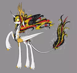 Size: 1698x1618 | Tagged: safe, artist:australian-senior, derpibooru import, oc, oc:niomedes invictus, ponified, unofficial characters only, alicorn, kirin, kirindos, alternate universe, antlers, colored hooves, colored sclera, glados, golden eyes, gray background, hair bun, image, leonine tail, png, portal (valve), raised hoof, scales, simple background, skinny, solo, unshorn fetlocks