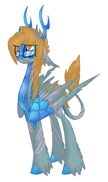 Size: 754x1275 | Tagged: alternate universe, antlers, artist:australian-senior, blue eyes, colored hooves, colored sclera, covered in scars, derpibooru import, glasses, kirin, kirindos, ponified, portal 2, portal (valve), safe, scales, scar, solo, tattered wings, unshorn fetlocks, wheatley