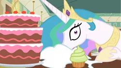 Size: 1281x720 | Tagged: cake, cakelestia, cupcake, cute, derpibooru import, diner, eating, food, interview, majestic as fuck, messy eating, princess celestia, safe, stare, sugar (food), the saddle row review, this will end in diabetes, this will end in weight gain