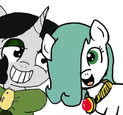 Size: 640x600 | Tagged: safe, artist:ficficponyfic, color edit, derpibooru import, edit, edited edit, oc, oc:emerald jewel, oc:joyride, unofficial characters only, earth pony, pony, unicorn, colt quest, adult, amulet, bowtie, child, color, colored, colt, cute, eyeshadow, female, femboy, grin, happy, horn, makeup, male, mantle, mare, smiling, trap
