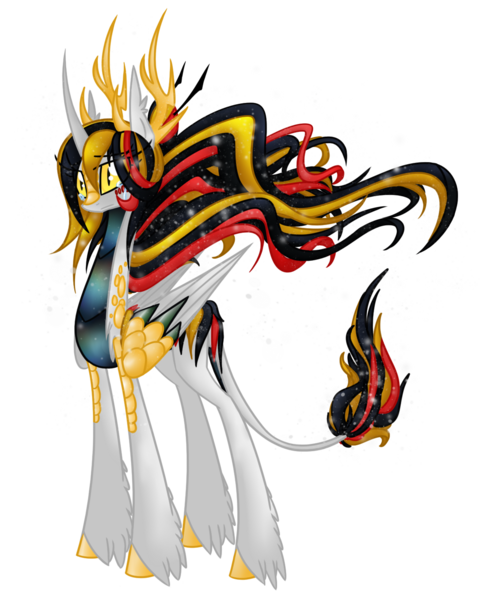 Size: 1230x1480 | Tagged: safe, artist:australian-senior, derpibooru import, oc, oc:niomedes invictus, ponified, unofficial characters only, alicorn, pony, kirindos, alternate universe, antlers, colored hooves, crying, glados, image, leonine tail, png, portal (valve), scales, slit pupils, solo, unshorn fetlocks, yellow eyes