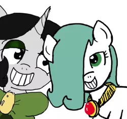 Size: 640x600 | Tagged: safe, artist:ficficponyfic, color edit, derpibooru import, edit, edited edit, oc, oc:emerald jewel, oc:joyride, unofficial characters only, earth pony, pony, unicorn, colt quest, adult, amulet, bowtie, child, color, colored, colt, cute, eyeshadow, face of mercy, female, femboy, grin, hooker, horn, makeup, male, mantle, mare, pimp, prostitute, rapeface, smiling, trap