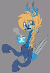 Size: 842x1234 | Tagged: alternate universe, antlers, artist:australian-senior, blue eyes, bust, clothes, colored sclera, derpibooru import, food, glasses, gray background, hot chocolate, kirin, kirindos, magic, mug, ponified, portal 2, portal (valve), safe, scarf, simple background, wheatley