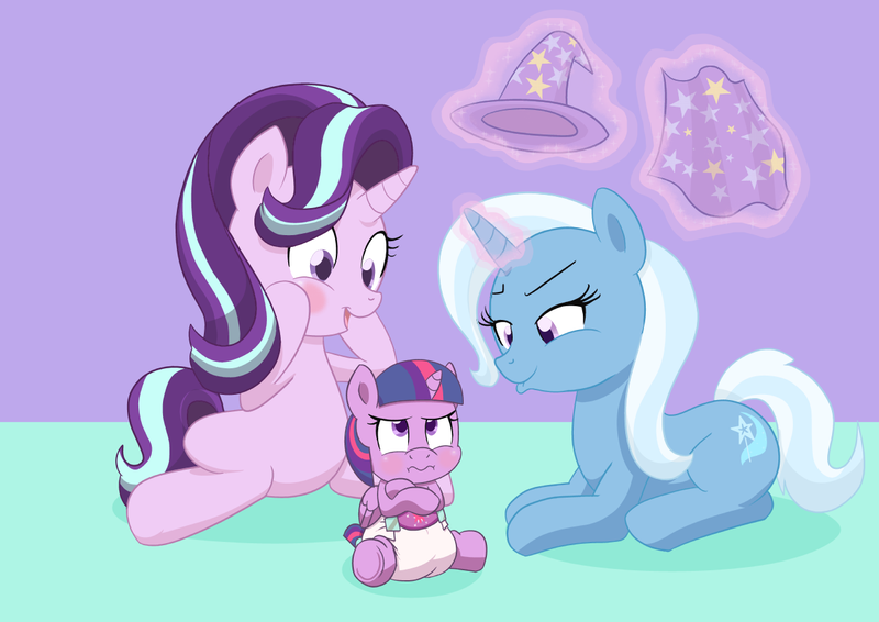 Size: 1248x883 | Tagged: safe, artist:artiecanvas, derpibooru import, starlight glimmer, trixie, twilight sparkle, twilight sparkle (alicorn), alicorn, pony, age regression, baby, baby pony, counterparts, diaper, foal, levitation, magic, magical trio, poofy diaper, pouting, telekinesis, twilight's counterparts