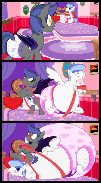 Size: 5200x9400 | Tagged: questionable, artist:evilfrenzy, derpibooru import, oc, oc:black, oc:white, unofficial characters only, bat pony, pegasus, pony, absurd resolution, bed, bow, cute, diaper, diaper fetish, evilfrenzy is trying to murder us, gay, heart, inflation, male, pillow, plushie, poofy diaper, ribbon