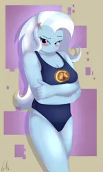 Size: 1500x2500 | Tagged: safe, artist:matimus91, derpibooru import, trixie, equestria girls, blushing, breasts, busty trixie, clothes, commission, female, looking at you, one-piece swimsuit, solo, swimsuit, wondercolts swimsuit