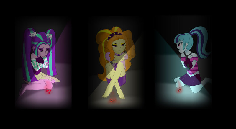 Size: 2046x1118 | Tagged: dead source, safe, artist:foresthowler, derpibooru import, adagio dazzle, aria blaze, sonata dusk, equestria girls, rainbow rocks, aftermath, barefoot, dark, feet, sad, the dazzlings