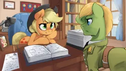 Size: 2400x1350 | Tagged: safe, artist:darksittich, derpibooru import, apple bloom, applejack, big macintosh, oc, oc:applesnack, oc:steelhooves, earth pony, pony, fallout equestria, binder, book, bookshelf, clothes, duo, family photo, fanfic art, looking at each other, male, ministry mares, office, paper, stallion, uniform