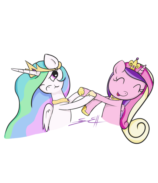 Size: 1812x2094 | Tagged: artist:dotdotdotfreak, derpibooru import, eyes closed, laughing, princess cadance, princess celestia, safe, simple background, sissy slap fight, slapping, transparent background