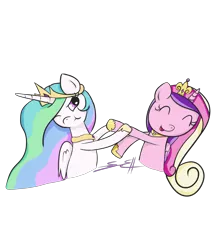 Size: 1812x2094 | Tagged: artist:dotdotdotfreak, derpibooru import, eyes closed, laughing, princess cadance, princess celestia, safe, simple background, sissy slap fight, slapping, transparent background