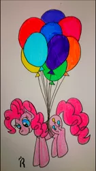 Size: 1080x1920 | Tagged: safe, artist:dawn-designs-art, derpibooru import, pinkie pie, earth pony, pony, balloon, floating, looking down, smiling, solo, then watch her balloons lift her up to the sky, traditional art