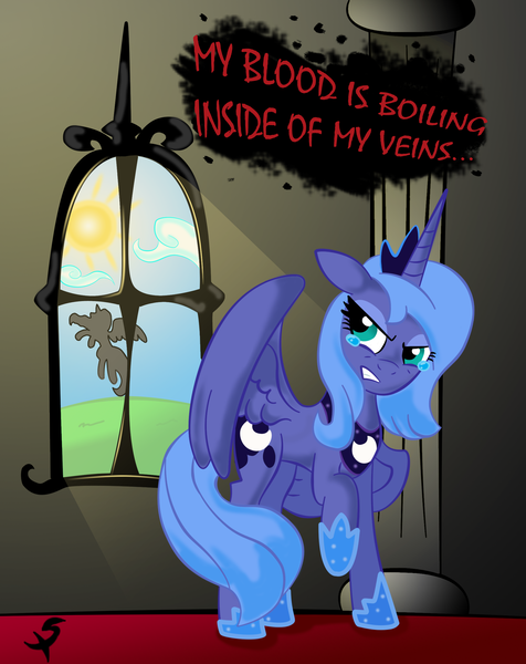 Size: 1936x2441 | Tagged: angry, artist:xscaralienx, bullet for my valentine, derpibooru import, ow the edge, princess luna, s1 luna, safe, song reference, sun, young, younger, your betrayal