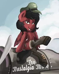 Size: 2064x2591 | Tagged: safe, artist:saxopi, derpibooru import, oc, oc:nostalgia mare, unofficial characters only, pegasus, pony, boots, lip bite, pinup, plane, red and black oc, solo
