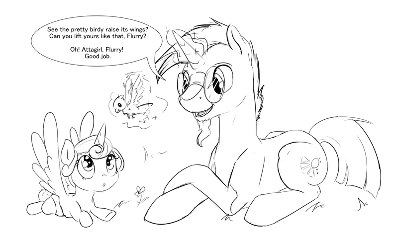 Size: 1210x737 | Tagged: artist:silfoe, bird, cute, derpibooru import, dialogue, duo, grayscale, magic, monochrome, princess flurry heart, prone, royal sketchbook, safe, sketch, speech bubble, sunburst, sunburst teaches flurry, telekinesis, uncle sunburst