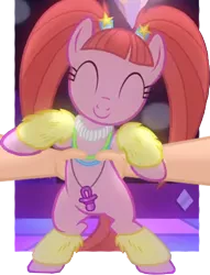 Size: 301x393 | Tagged: safe, derpibooru import, edit, edited screencap, screencap, pacific glow, human, pony, the saddle row review, breaking the fourth wall, cute, eyes closed, glowbetes, hand, holding a pony, image macro, meme, offscreen character