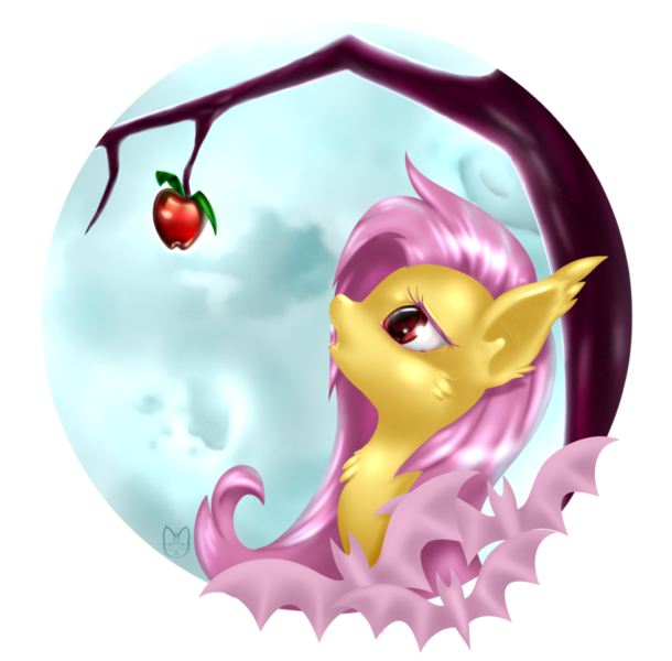 Size: 1024x1007 | Tagged: safe, artist:celliron, derpibooru import, fluttershy, bat pony, pony, apple, apple tree, cutie mark, fangs, flutterbat, food, race swap, solo, tree