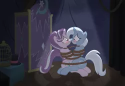 Size: 1024x703 | Tagged: suggestive, alternate version, artist:radiantrealm, derpibooru import, starlight glimmer, trixie, pony, unicorn, blushing, bondage, bound together, commission, female, gag, mare, rope, rope bondage, show accurate, show accurate porn, tape gag, the weak and powerless trixie, tied up
