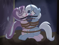 Size: 1024x776 | Tagged: suggestive, alternate version, artist:radiantrealm, derpibooru import, starlight glimmer, trixie, pony, unicorn, ballgag, blushing, bondage, bound together, commission, female, femsub, gag, lesbian, mare, missionary position, rope, rope bondage, shipping, show accurate, show accurate porn, startrix, sublight glimmer, submissive, the weak and powerless trixie, tied up