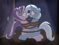 Size: 1024x776 | Tagged: suggestive, alternate version, artist:radiantrealm, derpibooru import, starlight glimmer, trixie, pony, unicorn, blushing, bondage, bound together, commission, female, gag, lesbian, mare, missionary position, rope, rope bondage, shipping, show accurate, show accurate porn, startrix, tape, tape gag, the weak and powerless trixie, tied up
