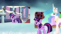 Size: 640x360 | Tagged: safe, derpibooru import, screencap, princess celestia, twilight sparkle, alicorn, pony, unicorn, a canterlot wedding, magical mystery cure, duo, ethereal mane, female, mare, princess celestia's special princess making dimension, unicorn twilight