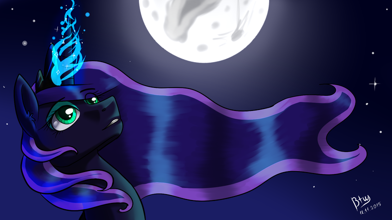 Size: 1664x936 | Tagged: safe, artist:ingabygvh, derpibooru import, princess luna, magic, moon, solo