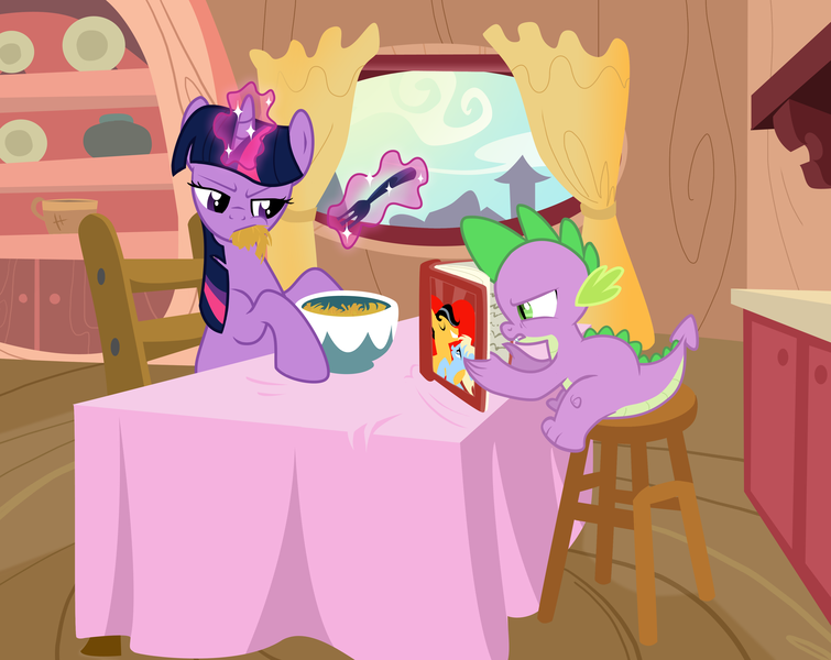 Size: 3782x3007 | Tagged: artist:multiversecafe, book, bowl, chair, curtain, curtains, derpibooru import, duo, fanfic, fanfic art, fork, levitation, magic, reading, safe, sitting, spike, stool, table, table cloth, tablecloth, telekinesis, twilight sparkle, window