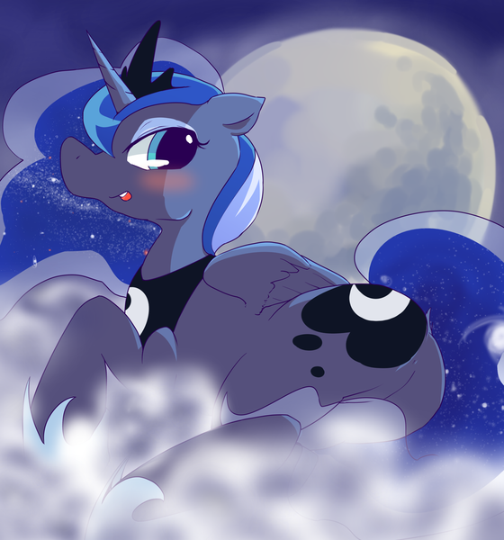 Size: 1861x1993 | Tagged: artist:monon0, cloud, derpibooru import, floppy ears, moon, moonbutt, plot, princess luna, prone, safe, solo