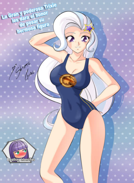 Size: 2096x2862 | Tagged: suggestive, artist:shinta-girl, derpibooru import, maud pie, trixie, equestria girls, armpits, bilingual, breasts, busty trixie, clothes, female, humanized, lesbian, mauxie, one-piece swimsuit, shipping, solo, spanish, swimsuit, wondercolts swimsuit