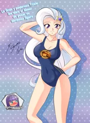 Size: 2096x2862 | Tagged: suggestive, artist:shinta-girl, derpibooru import, maud pie, trixie, equestria girls, armpits, bilingual, breasts, busty trixie, clothes, female, humanized, lesbian, mauxie, one-piece swimsuit, shipping, solo, spanish, swimsuit, wondercolts swimsuit